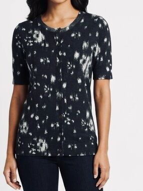 TSE 100% Cashmere Black & White Button-Up Short Sleeve Cardigan Thin Sweater Top